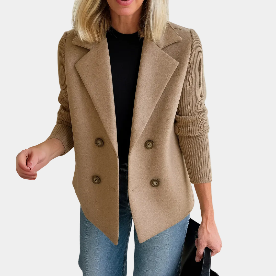 Beige casual blazer with notch lapels, long ribbed sleeves, and button front