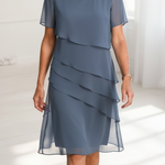 Light blue layered short-sleeve chiffon dress with tiered ruffle skirt