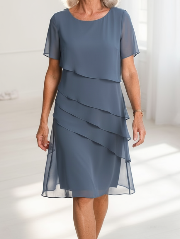 Light blue layered short-sleeve chiffon dress with tiered ruffle skirt