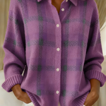 Purple plaid knit cardigan with button-front, V-neck collar, long sleeves.