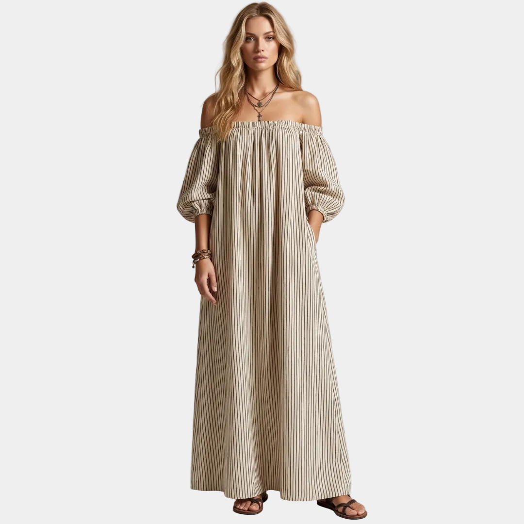 Beige vertical striped maxi dress with off-shoulder neckline and gathered puff sleeves