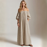 Beige vertical striped off-shoulder maxi dress with puff sleeves, front view