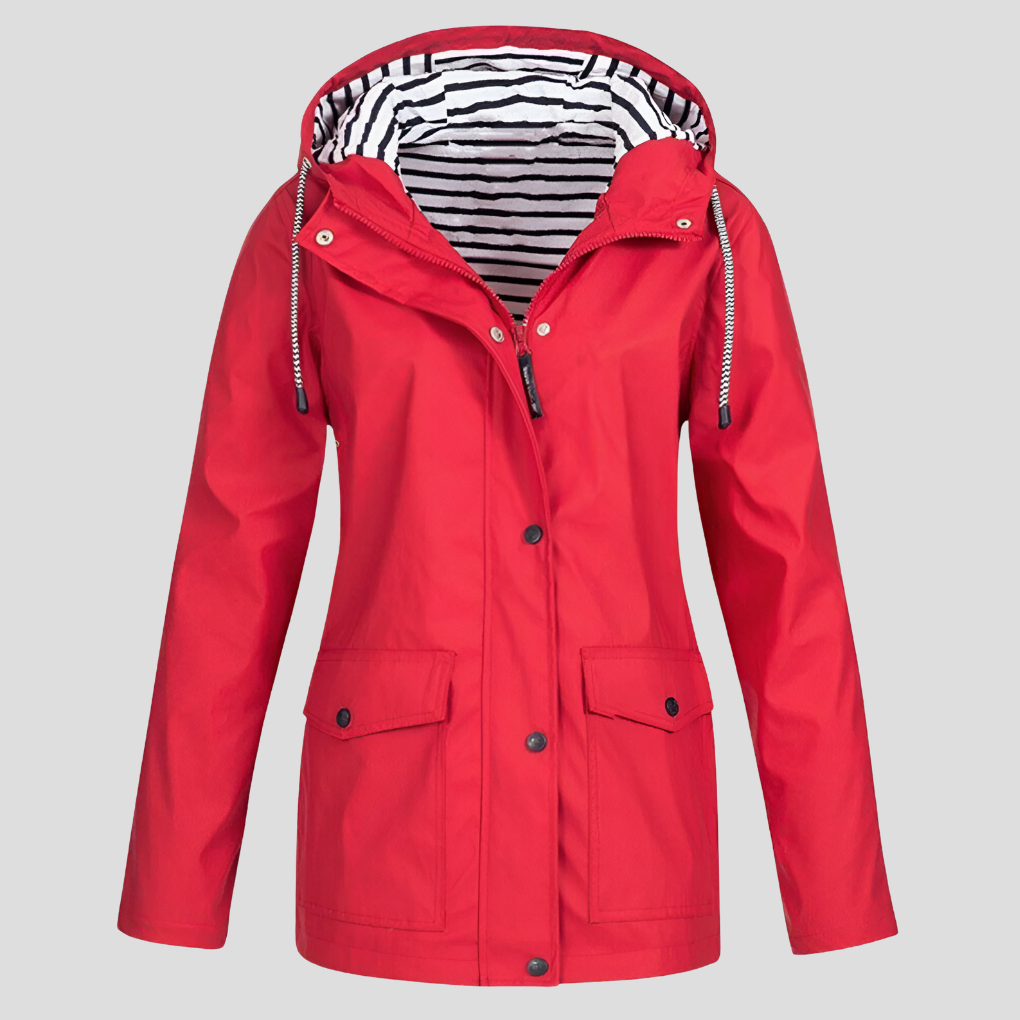 Red hooded loose-fit jacket with drawstring, button front, flap pockets