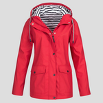 Red hooded loose-fit jacket with drawstring, button front, flap pockets
