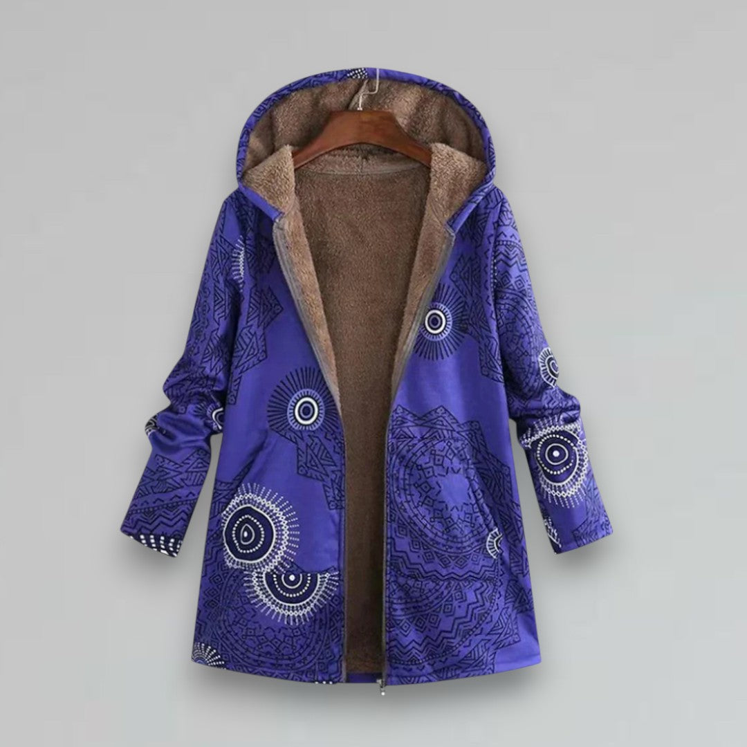 Boho winter jacket, hooded royal blue with blue circular embroidery and zip front