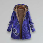 Boho winter jacket, hooded royal blue with blue circular embroidery and zip front