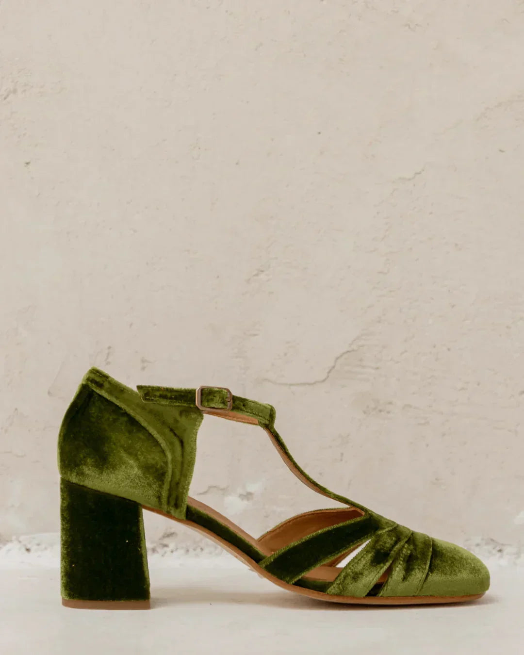 Olive green velvet T-strap heeled sandal with buckled ankle strap