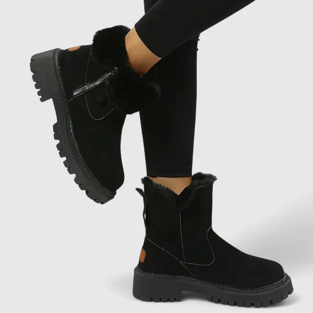 Black suede ankle boots with faux-fur cuff and side zipper, rugged tread sole