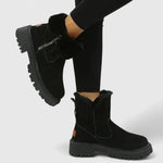 Black suede ankle boots with faux-fur cuff and side zipper, rugged tread sole
