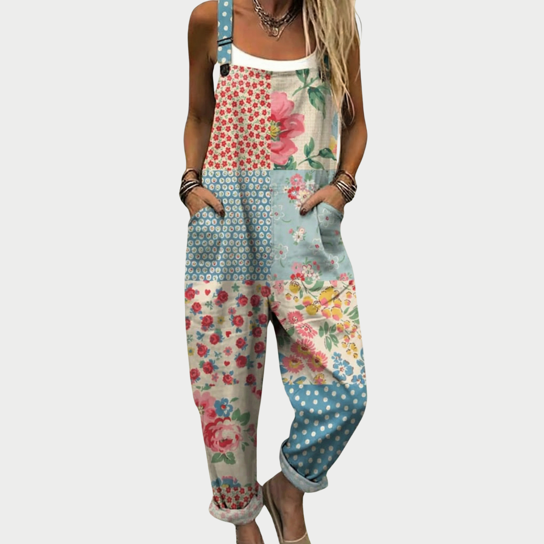 Loose multicolor floral and polka-dot print overalls with wide adjustable straps