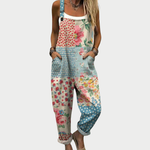 Loose multicolor floral and polka-dot print overalls with wide adjustable straps