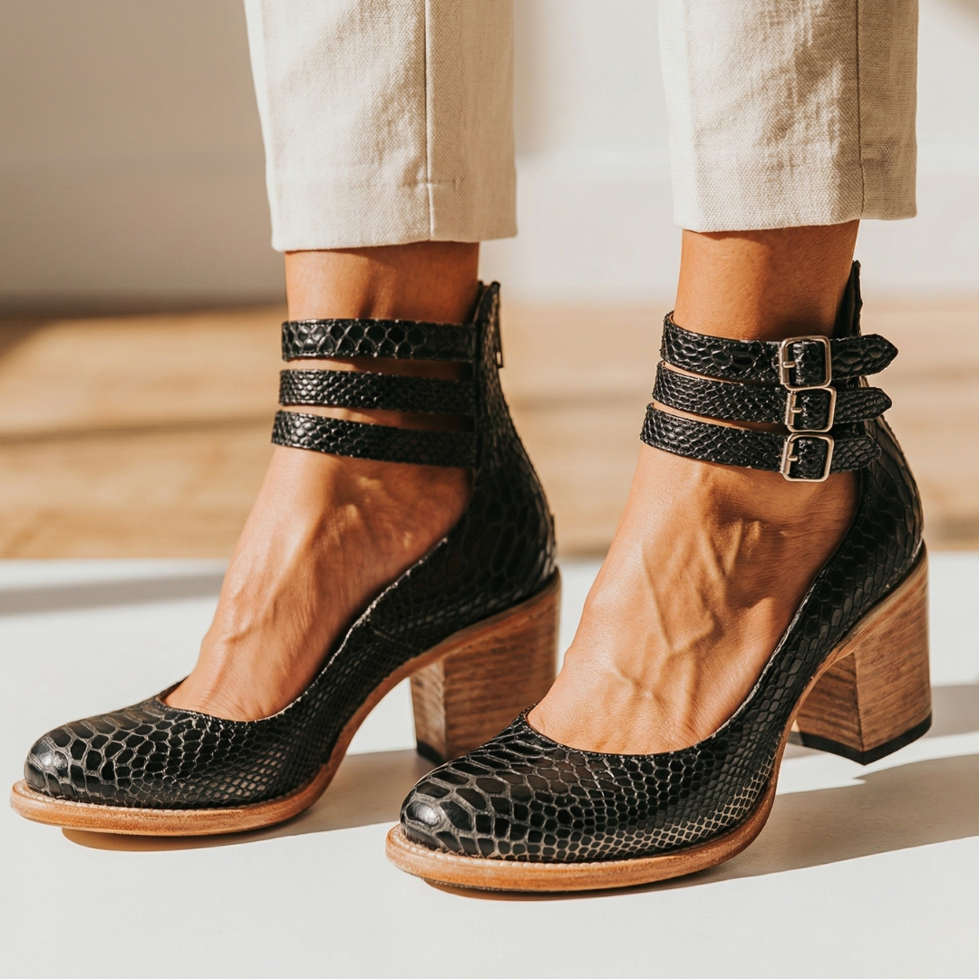 Black crocodile-pattern leather heeled ankle boots with two buckle straps and block heel