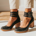 Black crocodile-pattern leather heeled ankle boots with two buckle straps and block heel