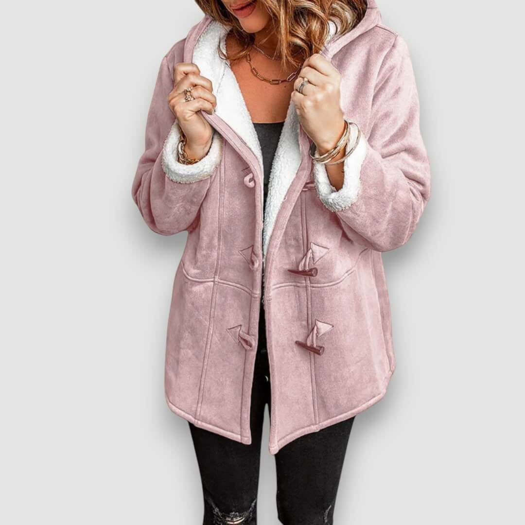 Winter hooded jacket with soft lining, mauve-pink, toggle front and sherpa cuffs