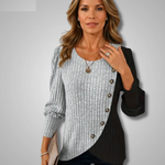 Light gray ribbed knit top with long sleeves, round neckline, button-front