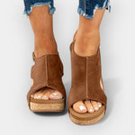 Brown suede platform wedge sandals with open toe and ankle-high cutout