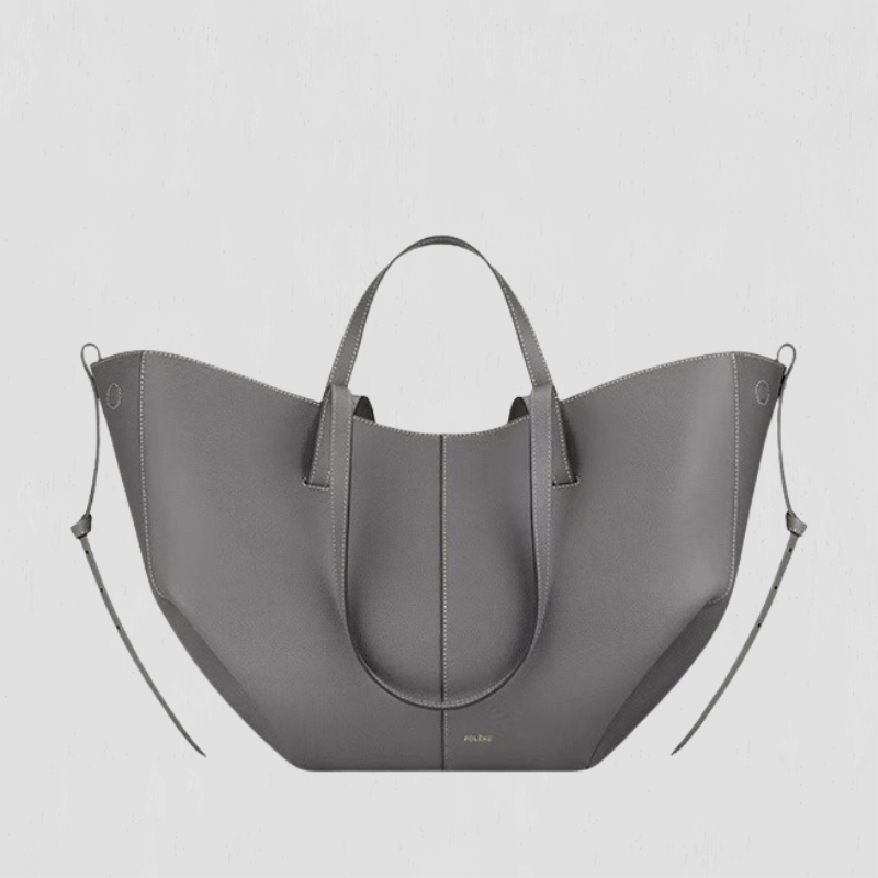 Large gray tote bag with top handles and side loop straps, curved open shape