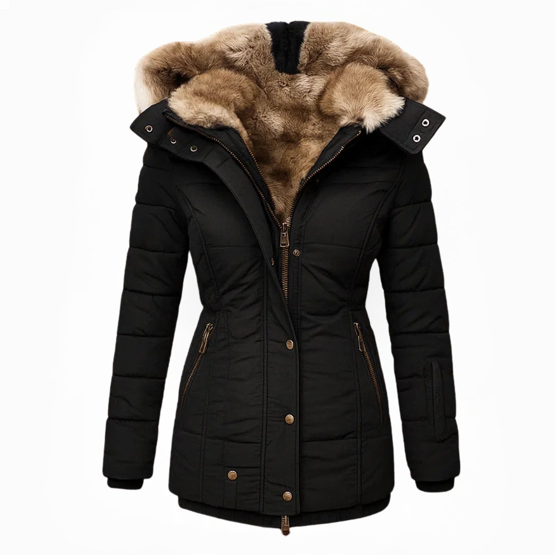 Women's winter puffer jacket, black with faux-fur hood and snap front