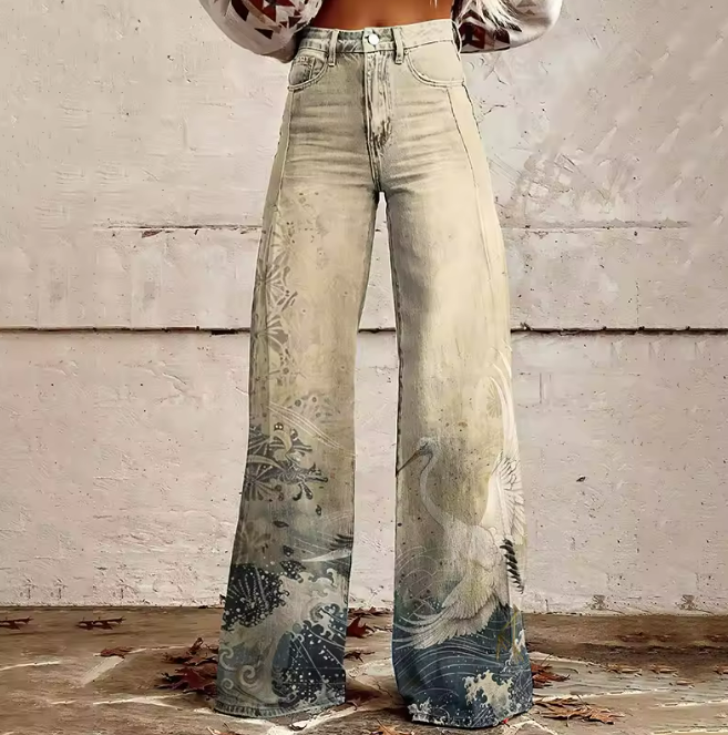 Raissa boho elegant wide-leg pants in light beige with ornate floral patchwork print