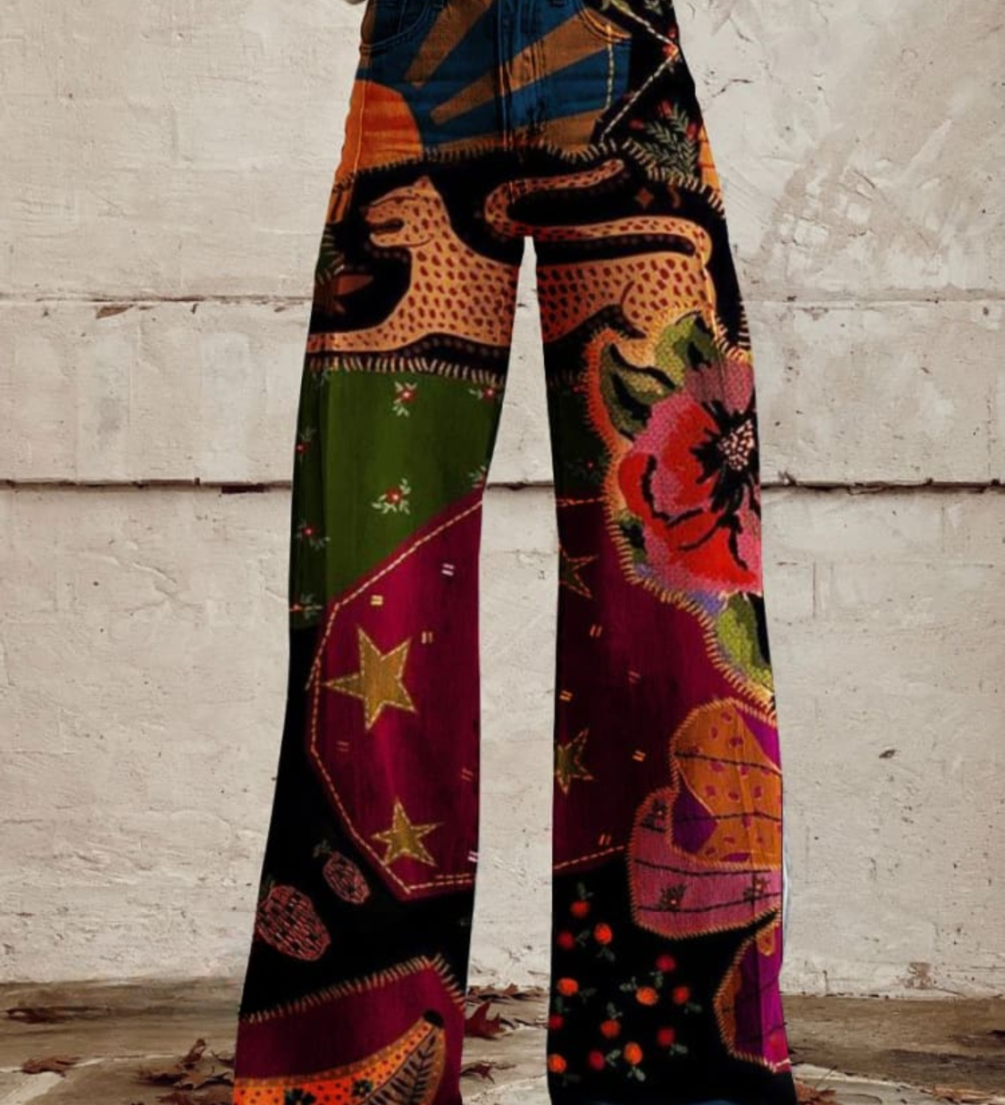 Nicole boho patchwork wide-leg pants, multicolor floral and geometric prints