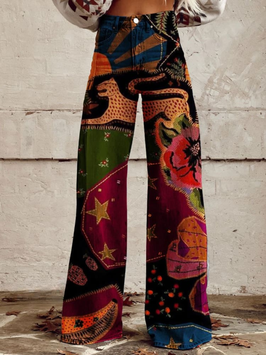 Nicole boho patchwork wide-leg pants, multicolor floral and geometric prints