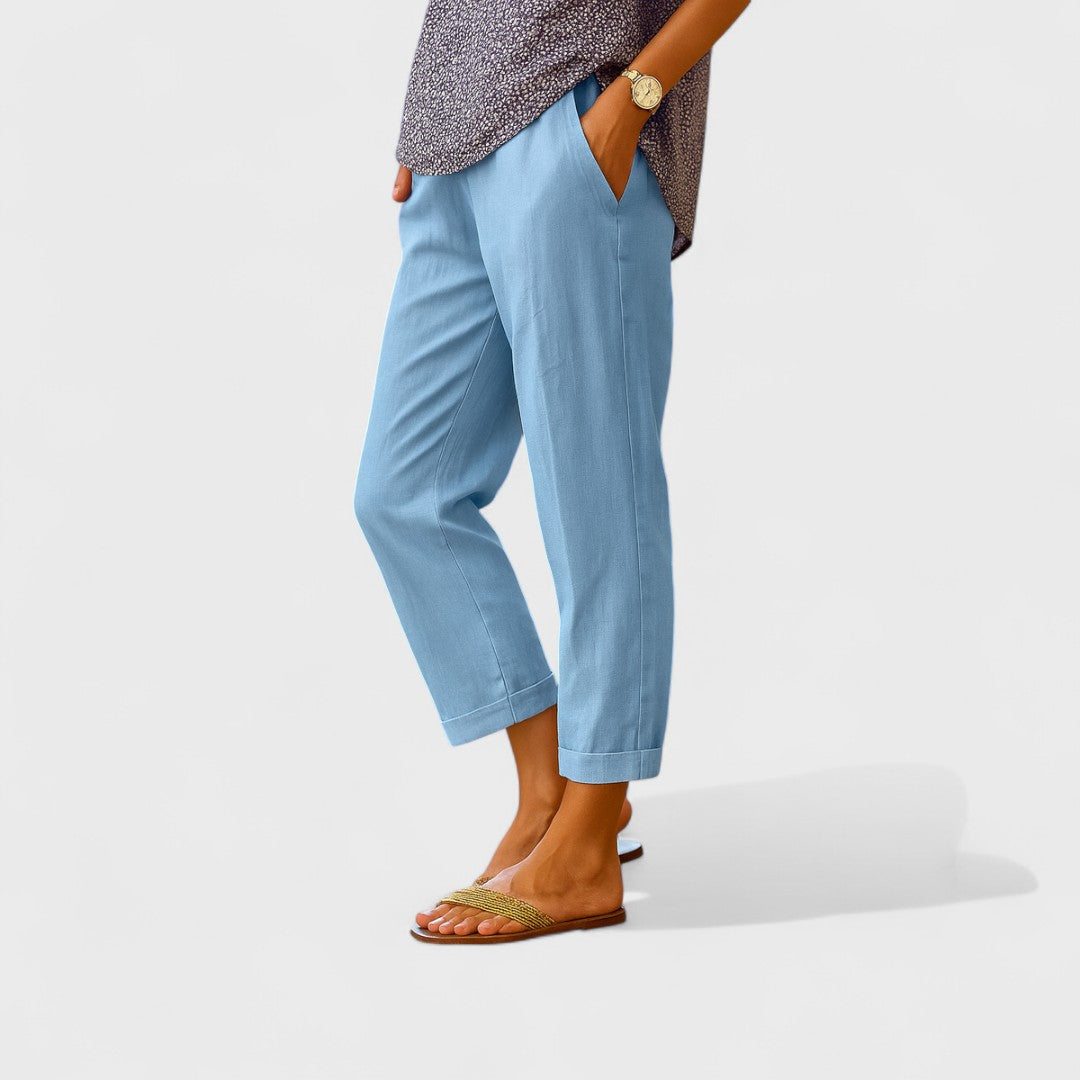 Light blue linen-cotton summer pants, relaxed fit with cuffed cropped hem