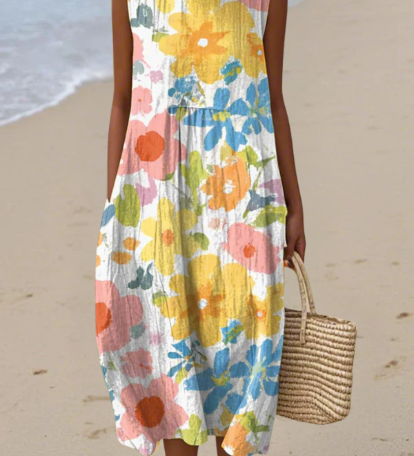 Ella™ pastel floral midi dress, sleeveless with round neckline and A-line skirt