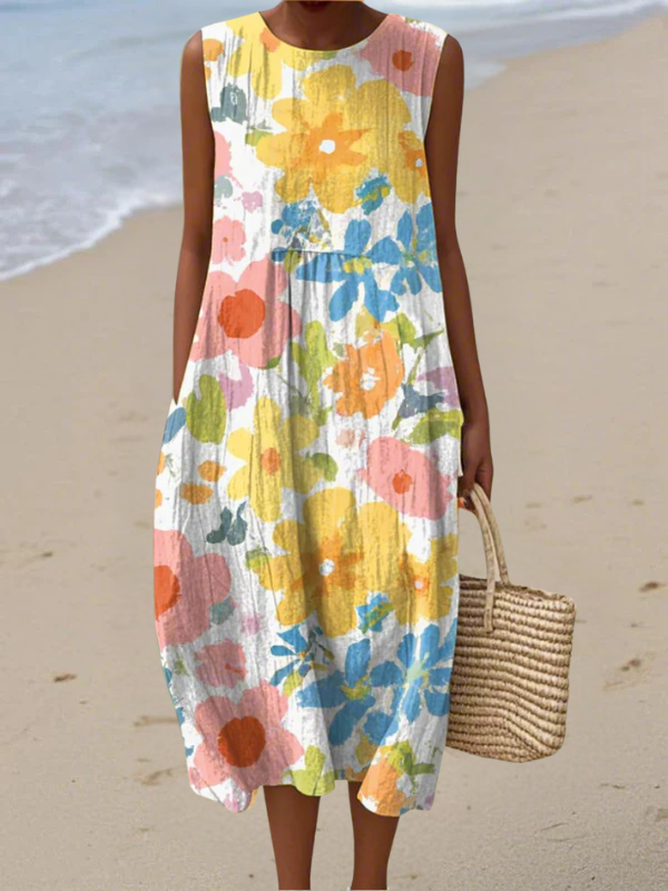 Ella™ pastel floral midi dress, sleeveless with round neckline and A-line skirt