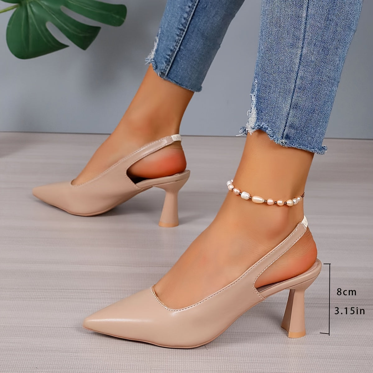 Beige orthopedic pointed-toe block heels with ankle bracelet and slingback strap