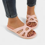 Summer vacation platform sandals, light pink slide with circular cutout strap