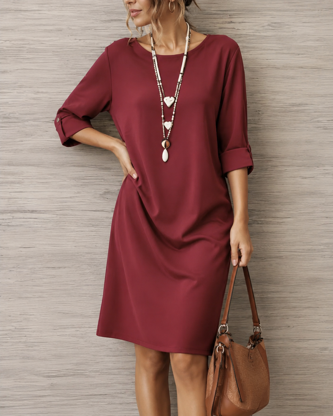 Burgundy midi shift dress with 3/4 sleeves and round neckline