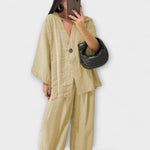 Two-layer V-neck top and wide-leg pants set, light beige-yellow button-front blouse