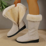 Women's beige tall winter boots with plush faux-fur cuff and side zipper