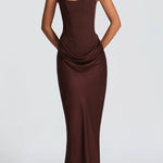 Brown maxi dress with square neckline and ruched drape at the waist