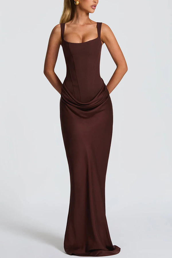 Brown maxi dress with square neckline and ruched drape at the waist