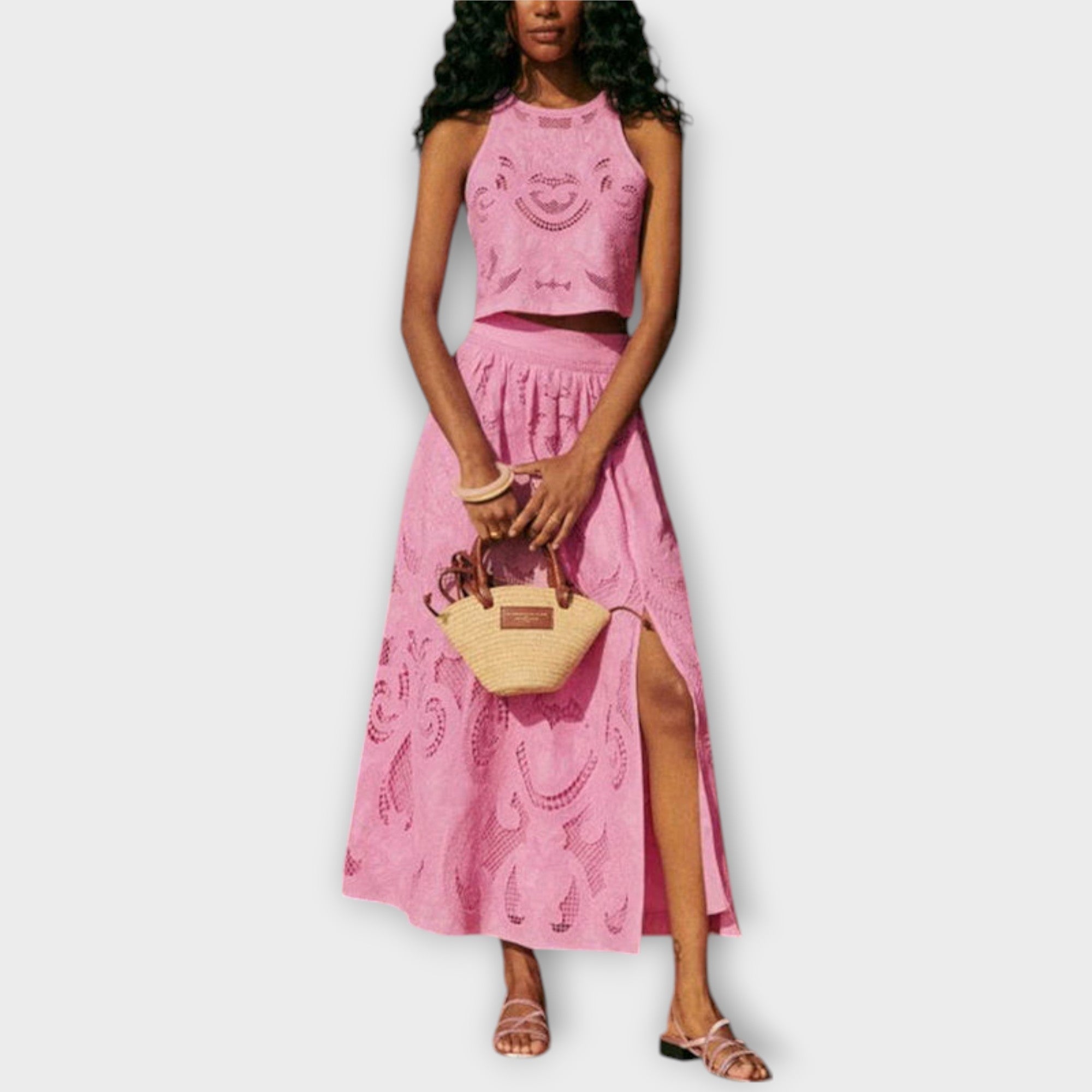 Pink lace sleeveless crop top and long skirt set with side slit