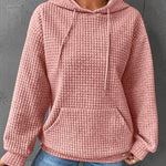 Women’s waffle-knit winter hoodie with hood, drawstrings, and front kangaroo pocket—pink