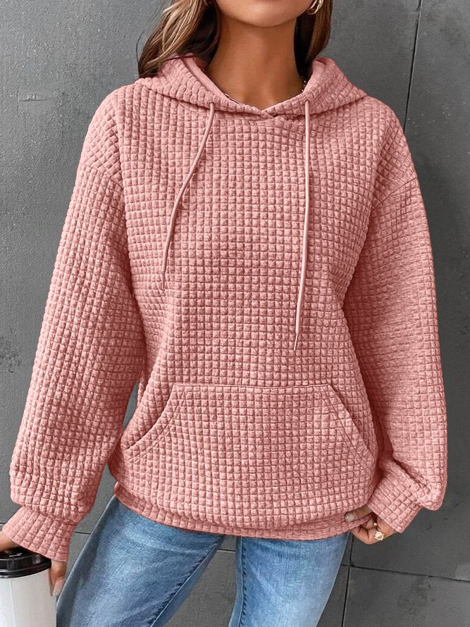 Women’s waffle-knit winter hoodie with hood, drawstrings, and front kangaroo pocket—pink