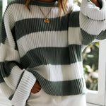 Women’s winter striped knit sweater in white and dark green, crew neck, ribbed cuffs