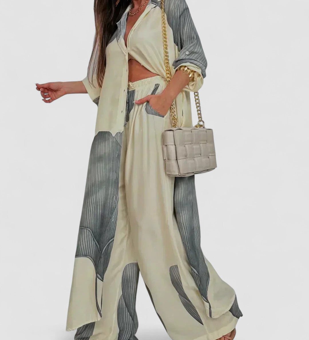 Beige and gray patchwork print top and wide-leg pants set with open front