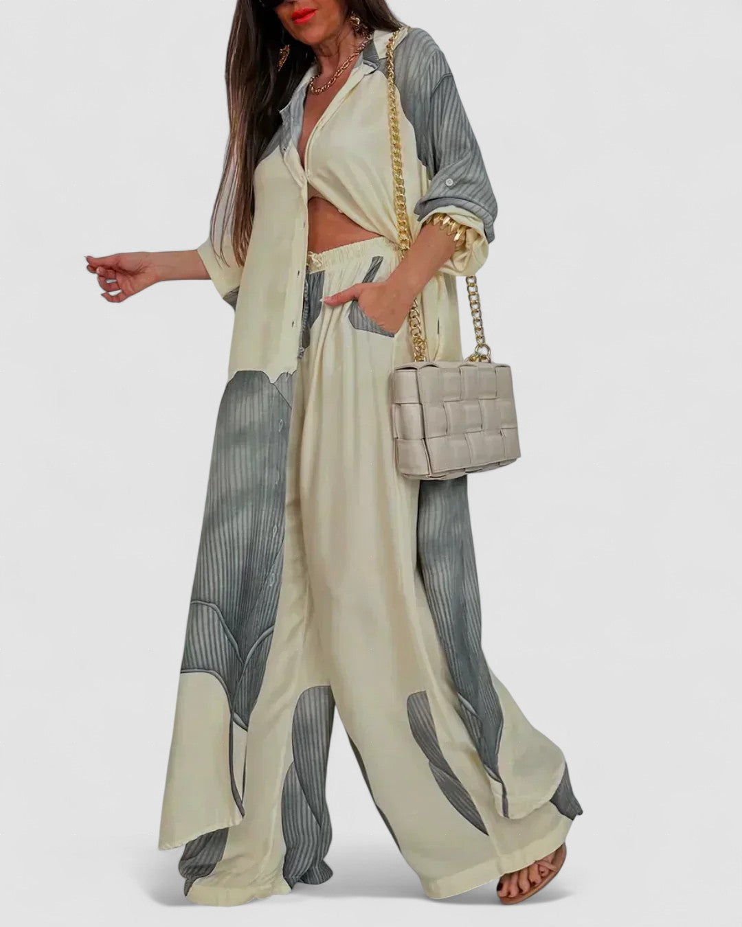 Beige and gray patchwork print top and wide-leg pants set with open front