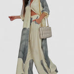 Beige and gray patchwork print top and wide-leg pants set with open front