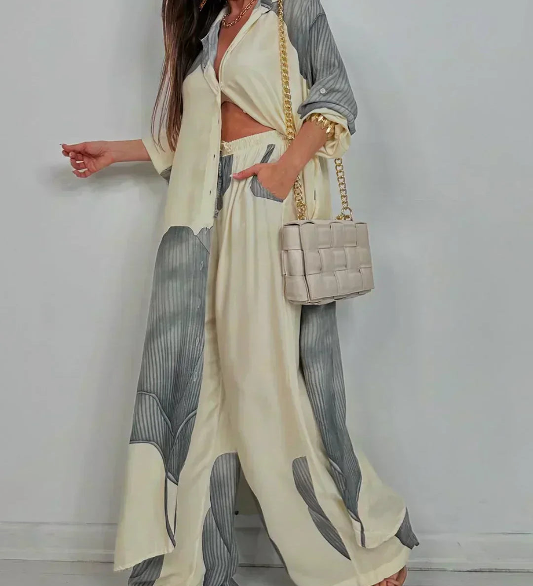 Beige and gray patchwork print top and wide-leg pants set, long flowy silhouette