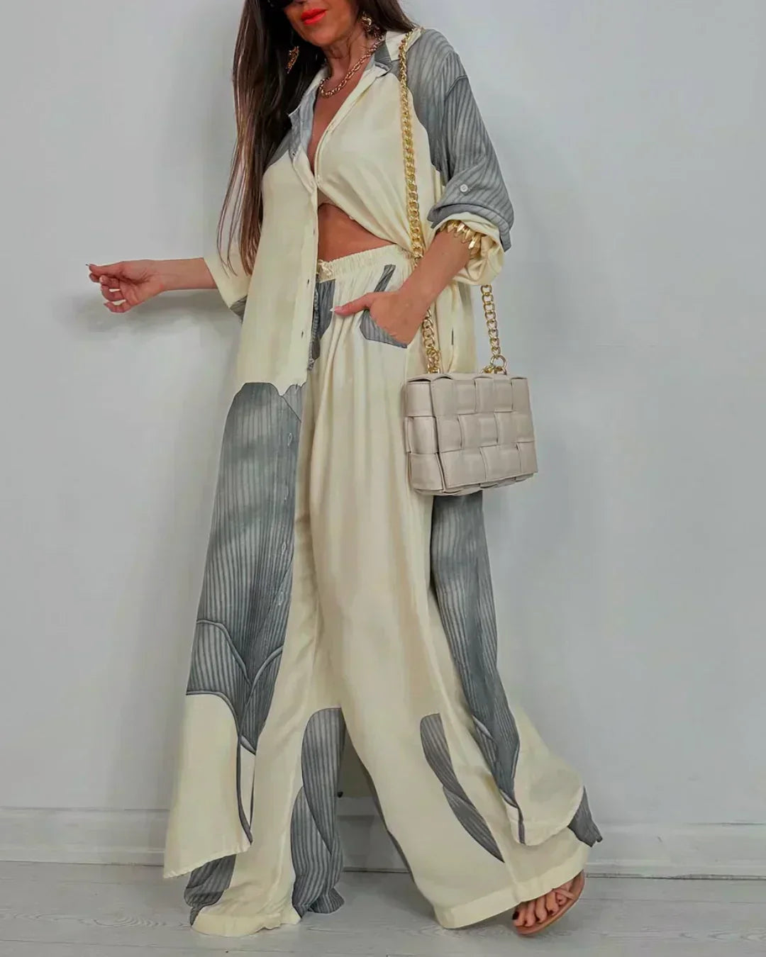 Beige and gray patchwork print top and wide-leg pants set, long flowy silhouette