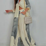 Beige and gray patchwork print top and wide-leg pants set, long flowy silhouette