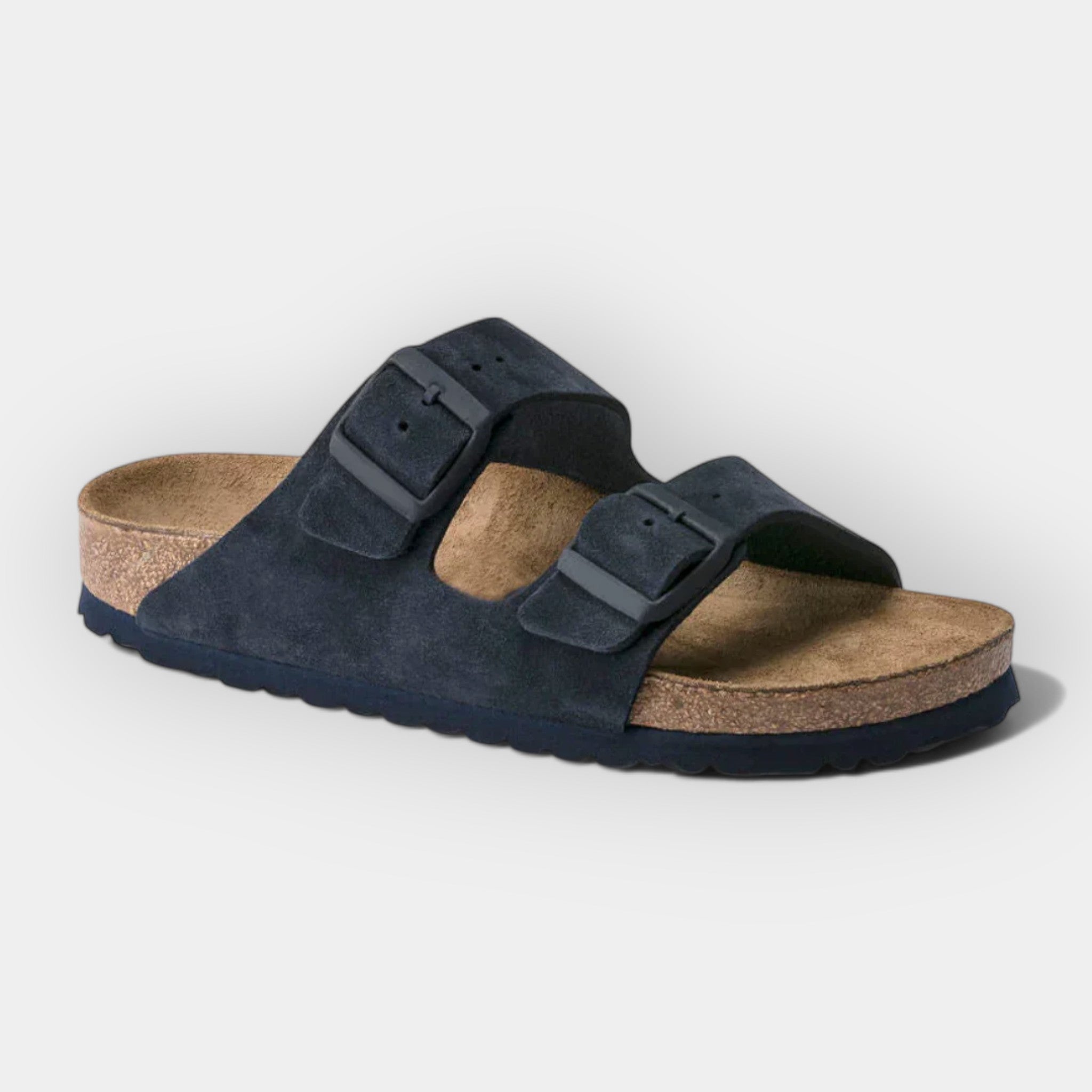 Light summer sandals in navy blue with two adjustable buckle straps and cork footbed