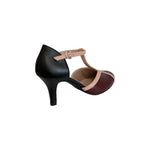Aria retro T-bar heeled shoes with black heel, brown toe, and strap with buckle