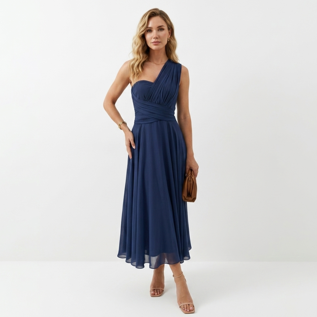 Navy sleeveless midi dress with V-neck and gathered waist