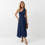 Navy sleeveless midi dress with V-neck and gathered waist