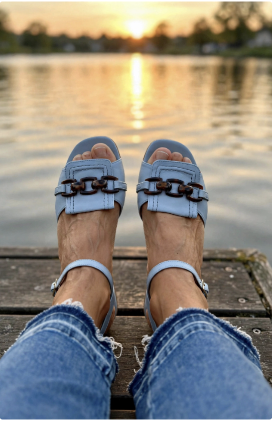 Light blue double-buckle sandals with block heel on feet by the water